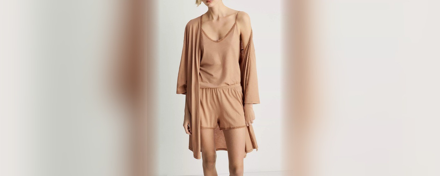 Camel 3-piece ribbed knit lounge set with an open-front robe, lace trim camisole and shorts for private label sleepwear