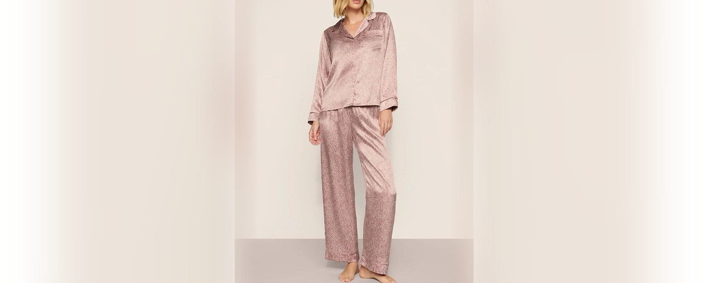 Mulberry silk pajama set with a notch collar, contrast piping and chest pocket for private label sleepwear