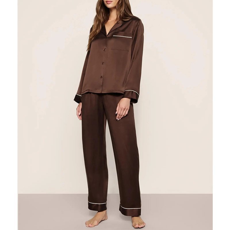 Mulberry silk satin fabric with contrast piping on the collar, placket and pants hem