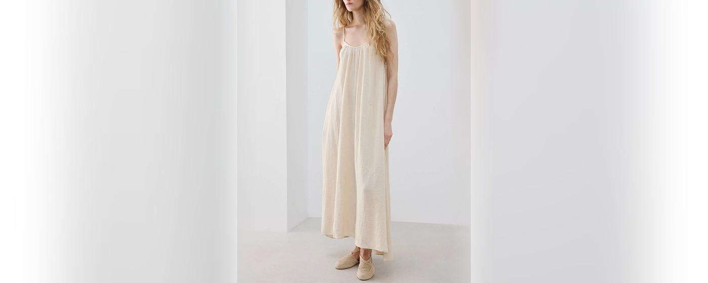 Cream double gauze cami nightgown with a gathered neckline and slim straps for private label sleepwear