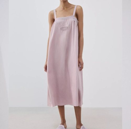 Pink Cotton Slip Nightgown Supplier | Embroidered Lace Yoke Midi Sleep Dress