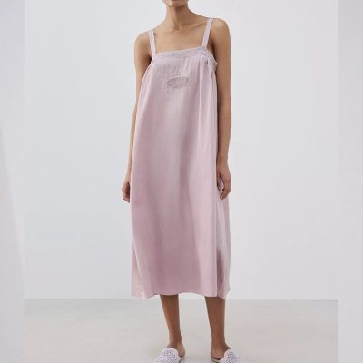 Pink Cotton Slip Nightgown Supplier | Embroidered Lace Yoke Midi Sleep Dress