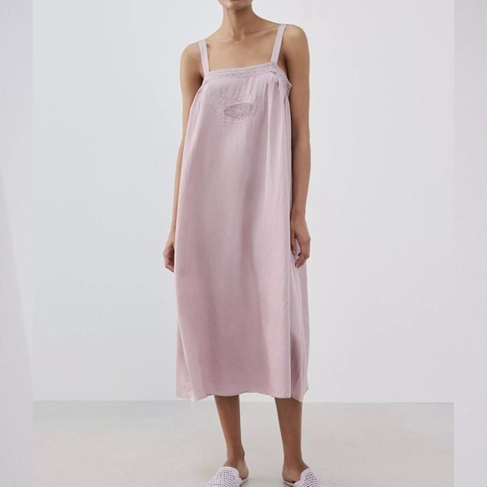 Pink Cotton Slip Nightgown Supplier | Embroidered Lace Yoke Midi Sleep Dress