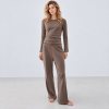 Pointelle Knit Lounge Set Supplier | Long Sleeve Taupe Loungewear