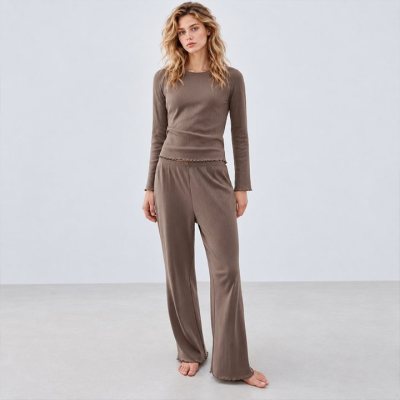 Pointelle Knit Lounge Set Supplier | Long Sleeve Taupe Loungewear