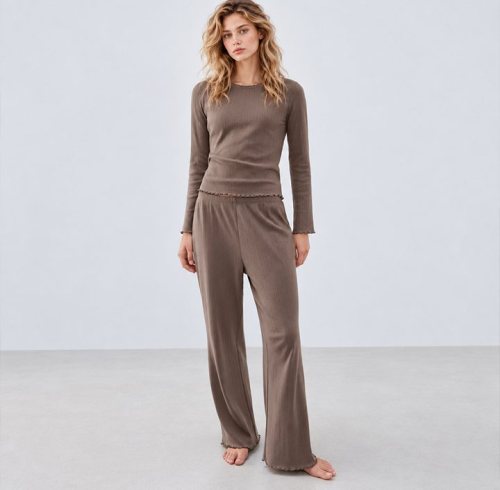 Pointelle Knit Lounge Set Supplier | Long Sleeve Taupe Loungewear