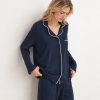 Navy Modal Knit Pajama Set Supplier | White Piping Long Sleeve Sleepwear