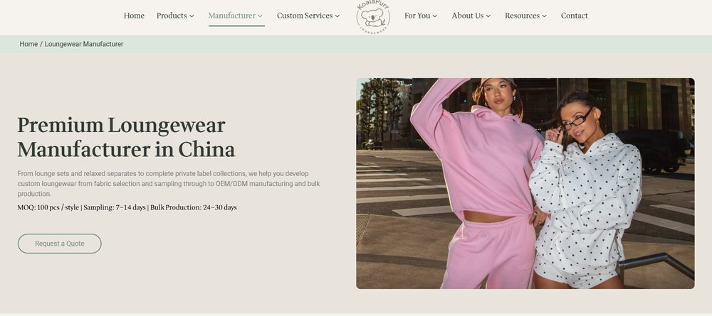 KoalaPurr official website homepage for custom loungewear manufacturing in China