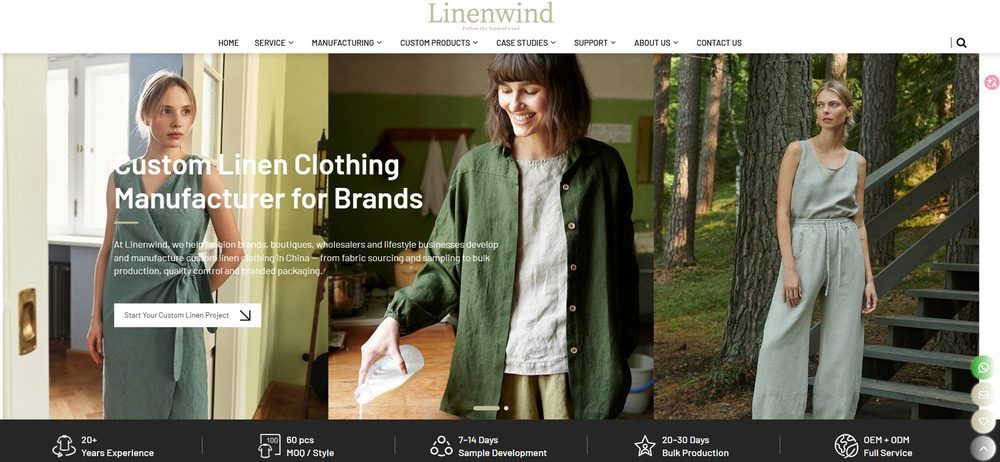 Linenwind official website homepage for custom linen clothing manufacturing