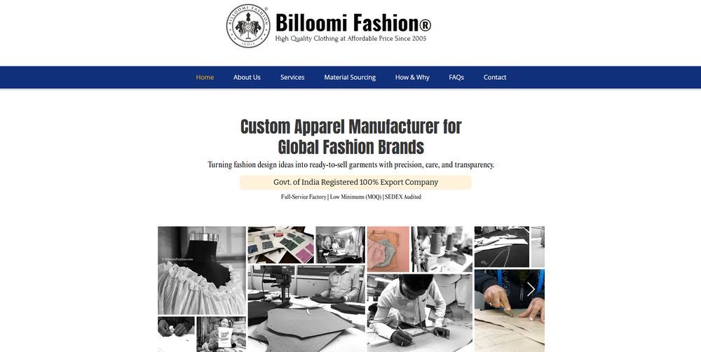 Billoomi Fashion official website homepage for small-batch custom apparel manufacturing