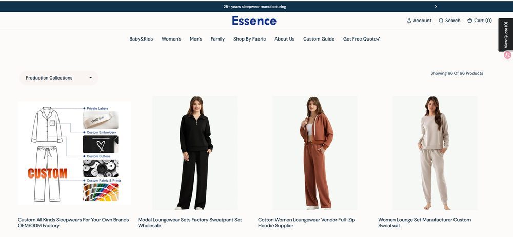 Essence Garment official website showing custom sleepwear and loungewear collections