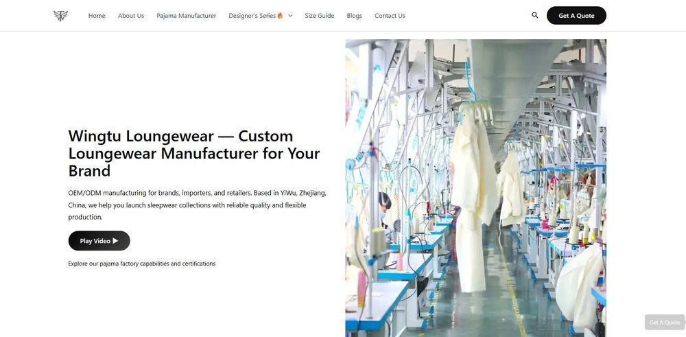 Wingtu Lounge official website homepage for custom loungewear manufacturing