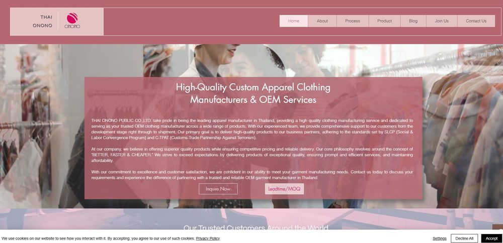 Thai Onono official website homepage for custom apparel and OEM manufacturing in Thailand