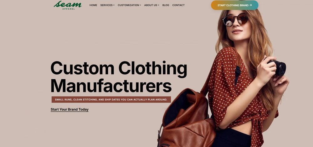 Seam Apparel official website homepage for custom clothing manufacturing