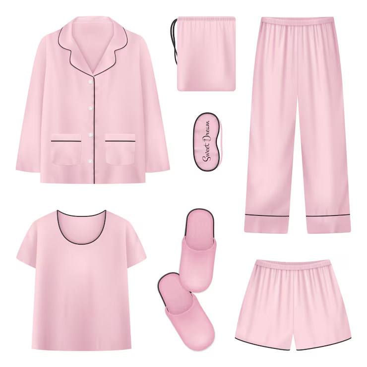 Pink satin pajama set flat lay with button-up shirt, trousers, shorts, t-shirt, sleep mask, drawstring pouch and slippers showing contrast piping and an elastic drawstring waistband