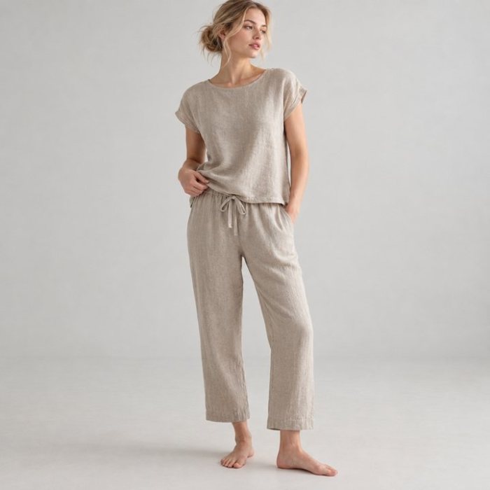 Sand Slub Cotton-Linen Lounge Set Supplier | Cap Sleeve Two-Piece Homewear