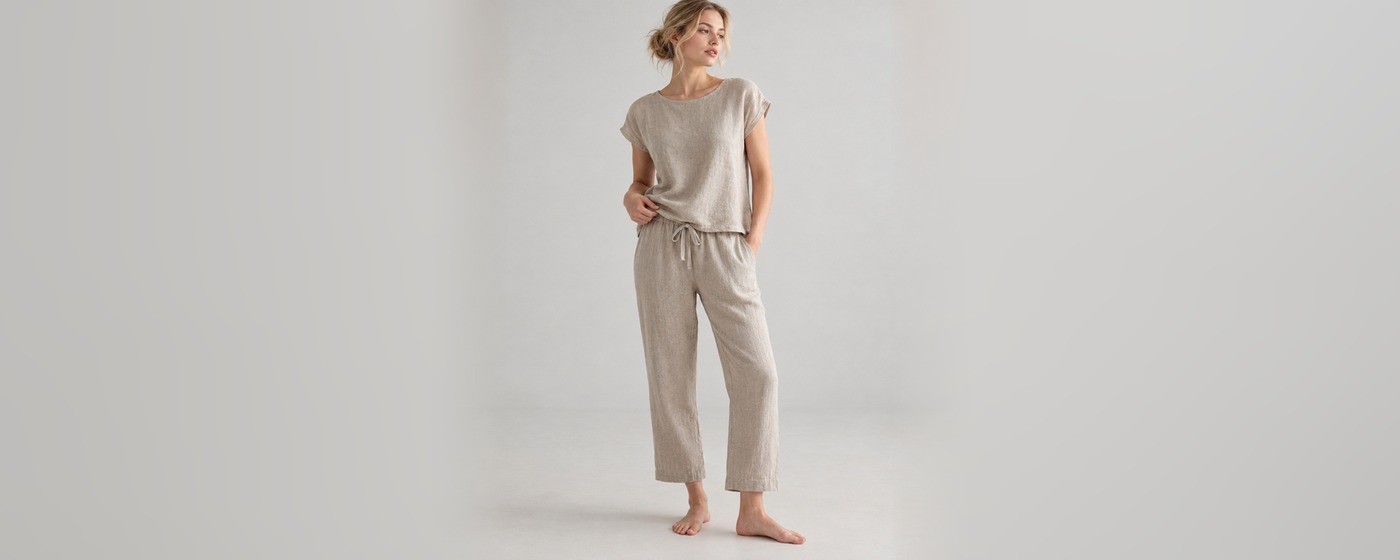 Sand slub cotton-linen lounge set with a cap sleeve boat neck top and cropped wide-leg drawstring pants