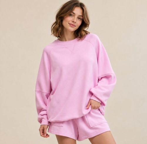 Oversized Crewneck Sweatshirt Shorts Set Supplier | Women's Lounge Set Manufacturer