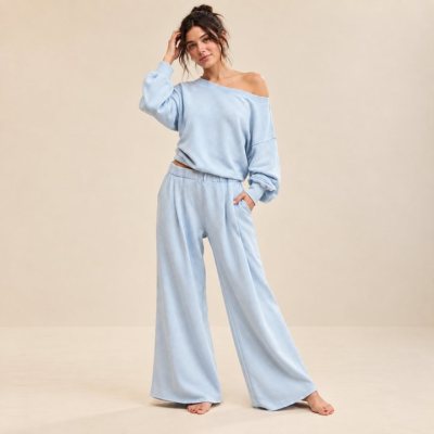 Off Shoulder Wide Leg Knit Lounge Set Supplier | Women's Knit Loungewear Manufacturer