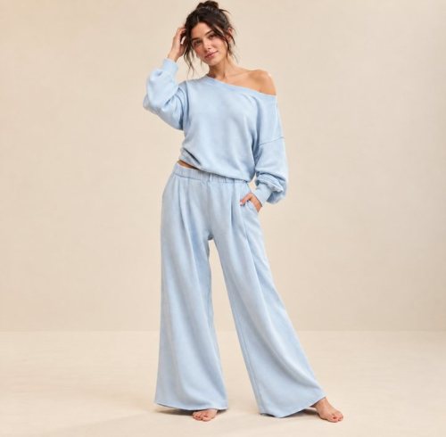 Off Shoulder Wide Leg Knit Lounge Set Supplier | Women's Knit Loungewear Manufacturer
