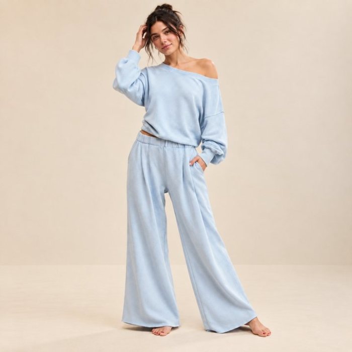 Off Shoulder Wide Leg Knit Lounge Set Supplier | Women's Knit Loungewear Manufacturer