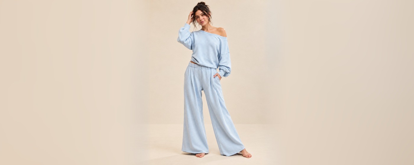 Off-shoulder wide-leg knit lounge set with blouson sleeves in powder blue for private label knit loungewear
