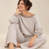 Grey and White Striped Off Shoulder Knit Lounge Set Supplier | Women's Knit Loungewear