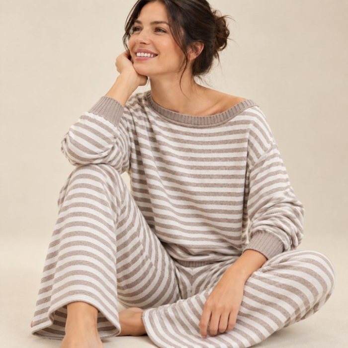 Grey and White Striped Off Shoulder Knit Lounge Set Supplier | Women's Knit Loungewear