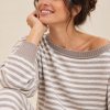 Grey and White Striped Off Shoulder Knit Lounge Set Supplier | Women's Knit Loungewear