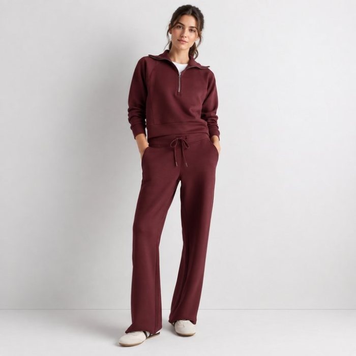 Burgundy Half Zip Knit Lounge Set Supplier | Women's Knit Loungewear Manufacturer