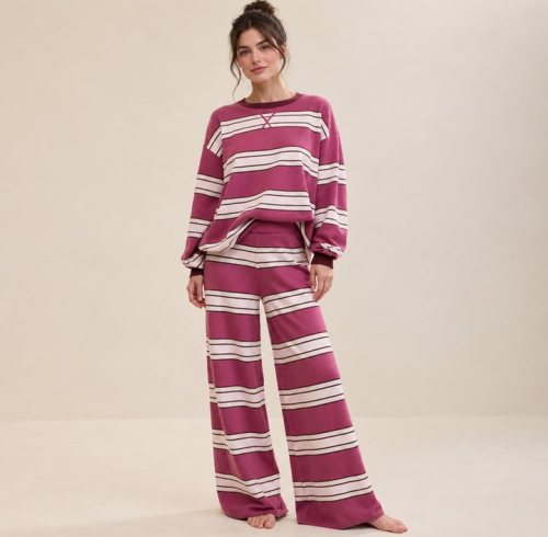 Berry Striped Off Shoulder Knit Lounge Set Supplier | Women's Knit Loungewear Manufacturer