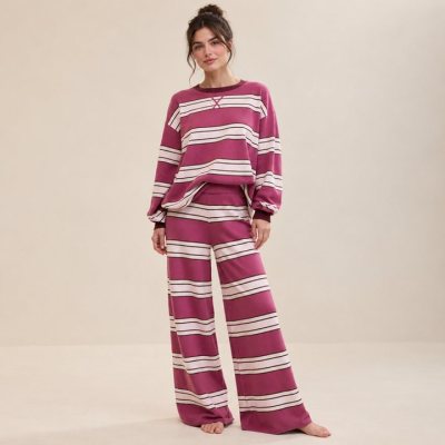 Berry Striped Off Shoulder Knit Lounge Set Supplier | Women's Knit Loungewear Manufacturer