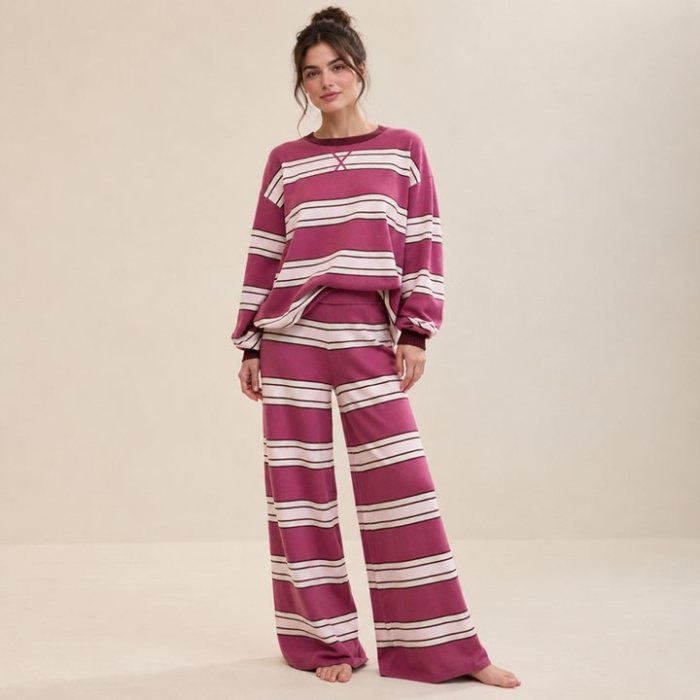 Berry Striped Off Shoulder Knit Lounge Set Supplier | Women's Knit Loungewear Manufacturer