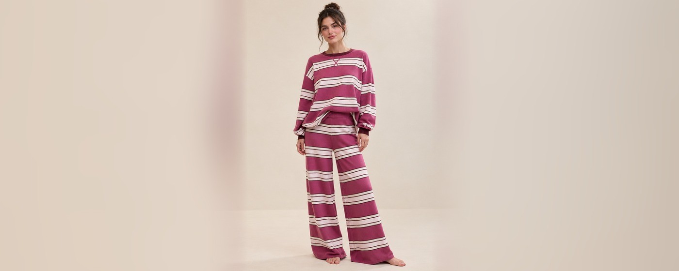 Berry and white block striped off-shoulder knit lounge set with a long sleeve top and wide-leg pants for private label brands