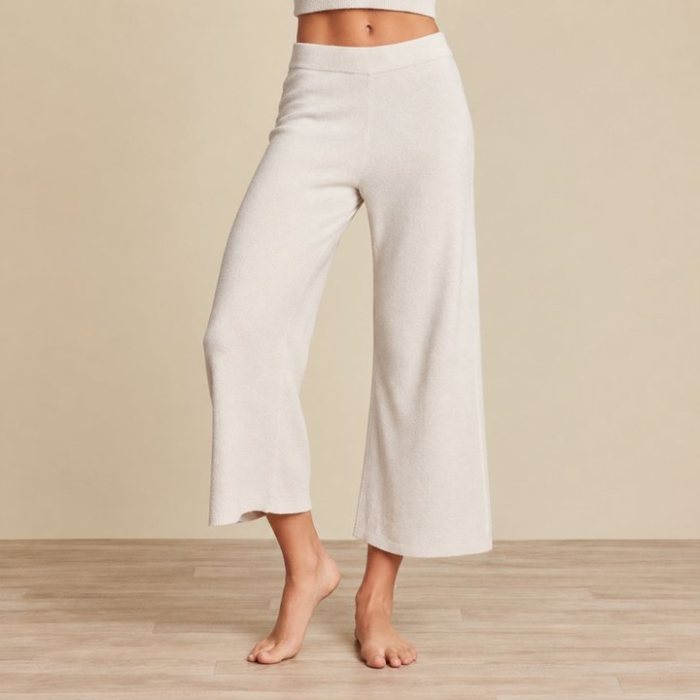 Cream Cropped Wide Leg Knit Pants Supplier | Women's Knit Lounge Pants Manufacturer