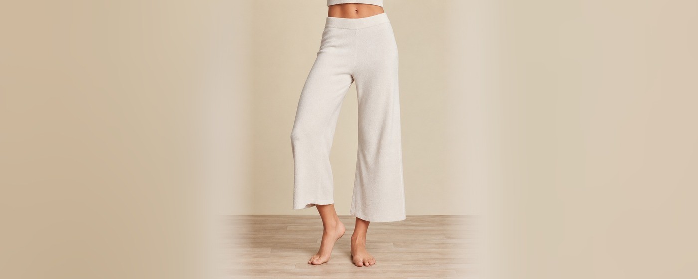 Cream cropped wide-leg knit lounge pants with a clean elasticated waistband for private label homewear bottoms
