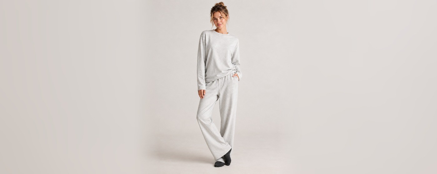 Brushed knit long sleeve lounge set with a softly napped top and wide-leg pants in light grey for private label knit loungewear