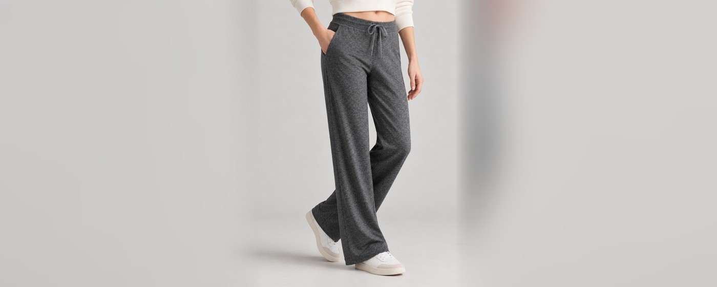 Charcoal wide-leg sweatpants with an elasticated drawstring waist and side pockets for private label women's loungewear