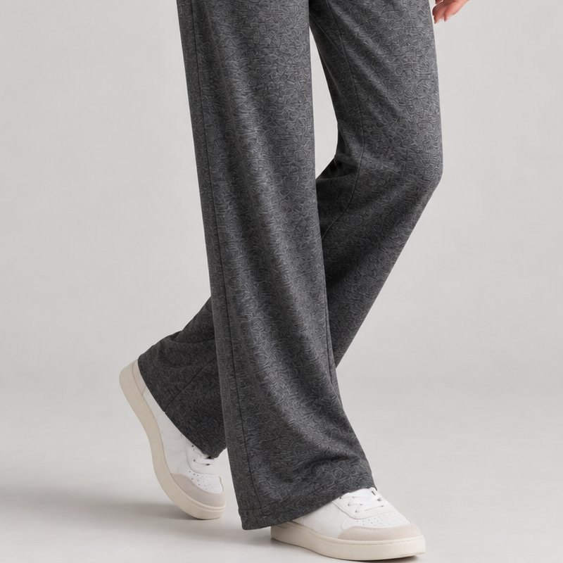 Close view of the drawstring waist and side pocket on charcoal wide-leg sweatpants