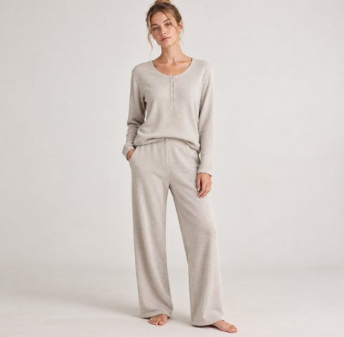 Sand Waffle Knit Henley Lounge Set Supplier | Women's Thermal Knit Loungewear Manufacturer