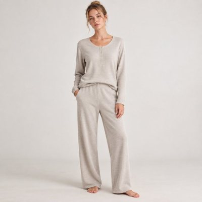 Sand Waffle Knit Henley Lounge Set Supplier | Women's Thermal Knit Loungewear Manufacturer