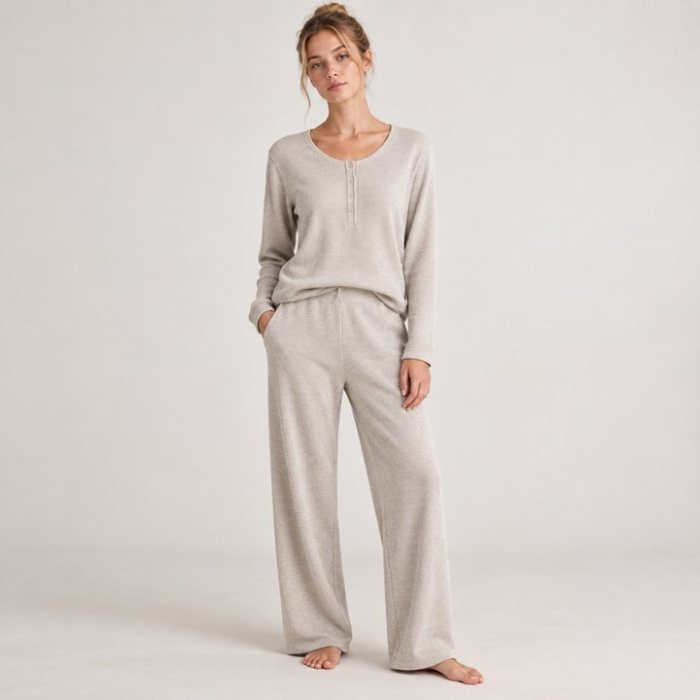 Sand Waffle Knit Henley Lounge Set Supplier | Women's Thermal Knit Loungewear Manufacturer