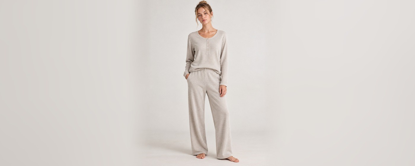Sand waffle knit henley lounge set with a button placket top and wide-leg pants for private label knit loungewear