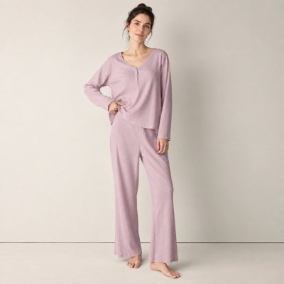 Ribbed Henley Knit Lounge Set Supplier | Two Tone Women's Rib Knit Loungewear Manufacturer