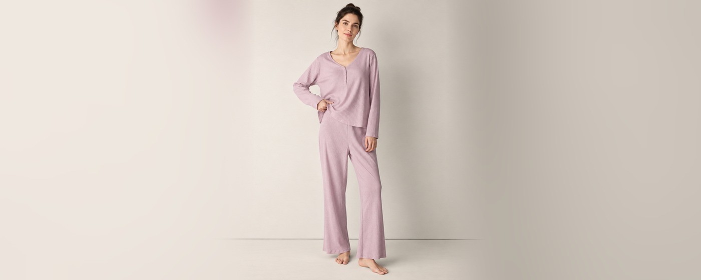 Lilac ribbed henley knit lounge set with a V-neck button placket top and wide-leg pants for private label knit loungewear