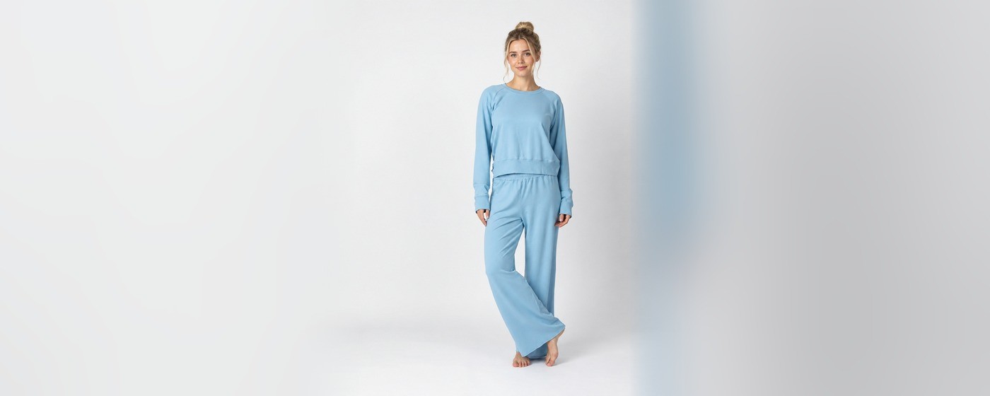Round neck long sleeve knit lounge set with wide-leg pants in sky blue for private label knit loungewear