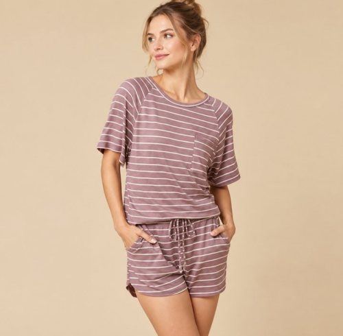 Mauve Striped Short Sleeve Top and Shorts Set Supplier | Women's Striped Homewear Manufacturer
