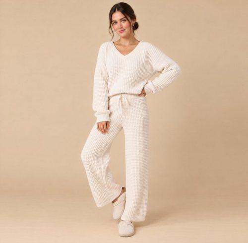 Ivory Chunky Knit V Neck Lounge Set Supplier | Women's Rib Knit Loungewear Manufacturer
