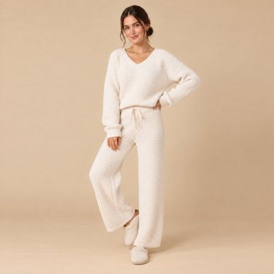 Ivory Chunky Knit V Neck Lounge Set Supplier | Women's Rib Knit Loungewear Manufacturer