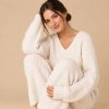 Ivory Chunky Knit V Neck Lounge Set Supplier | Women's Rib Knit Loungewear Manufacturer
